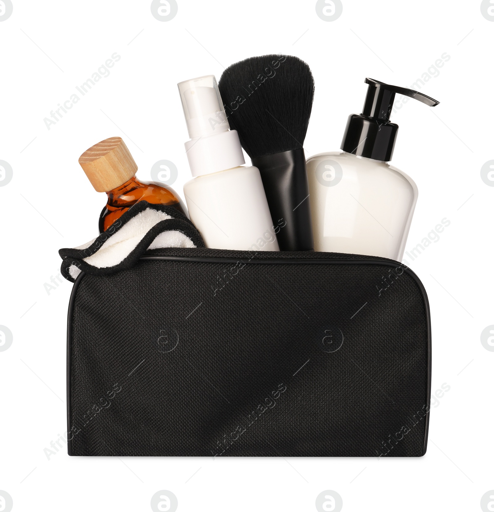 Photo of Preparation for spa. Compact toiletry bag with different cosmetic products isolated on white