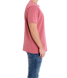 Photo of Young man on white background, closeup. Weight loss