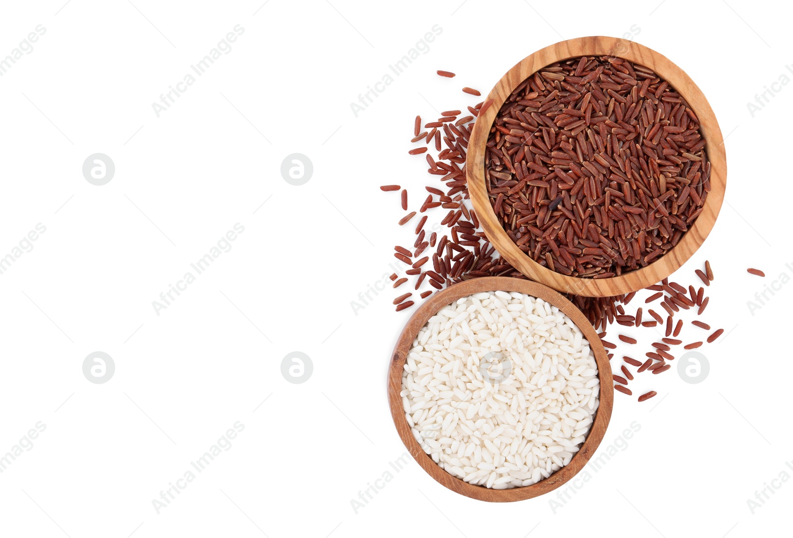 Photo of Bowls with different sorts of rice isolated on white, top view