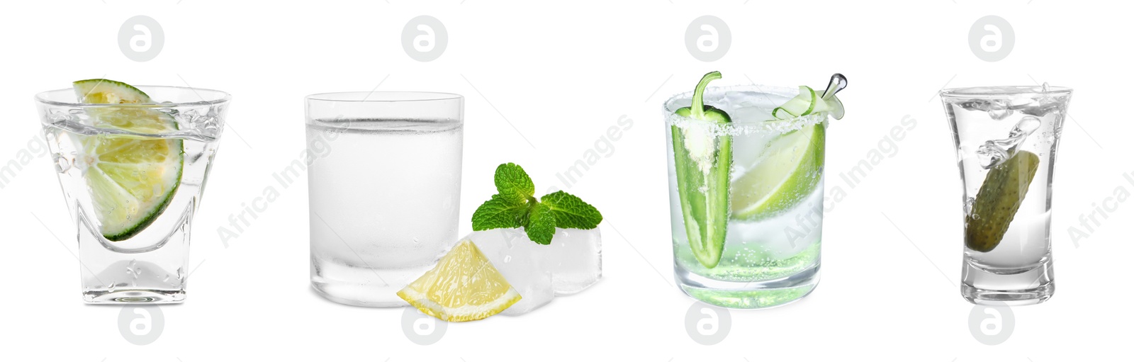 Image of Set with tasty alcoholic drinks in shot glasses on white background