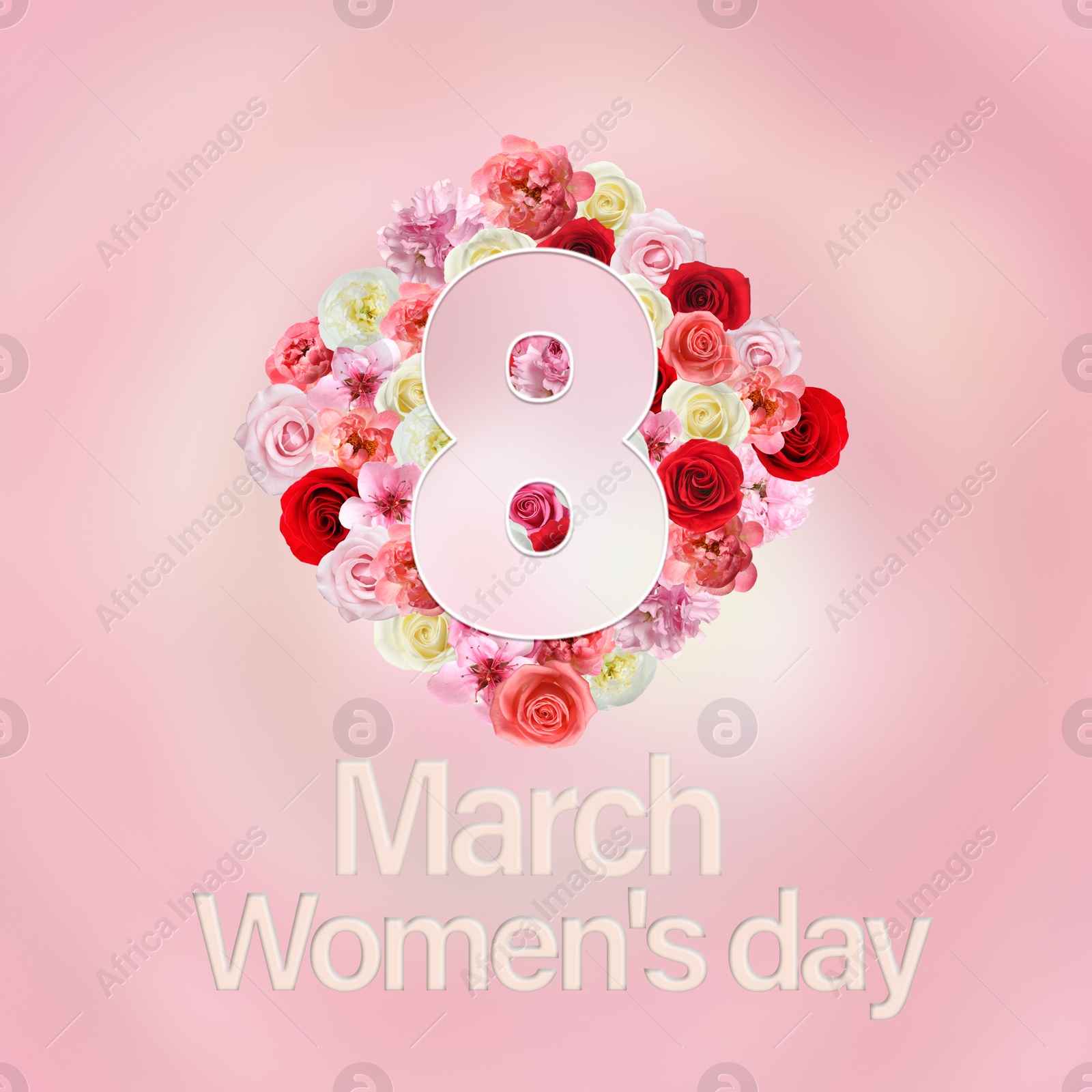 Image of March 8 - International Women's Day. Greeting card design with number 8 and flowers on pink background