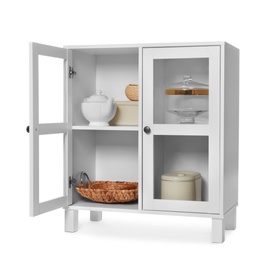 Photo of Wooden cabinet with kitchenware on white background