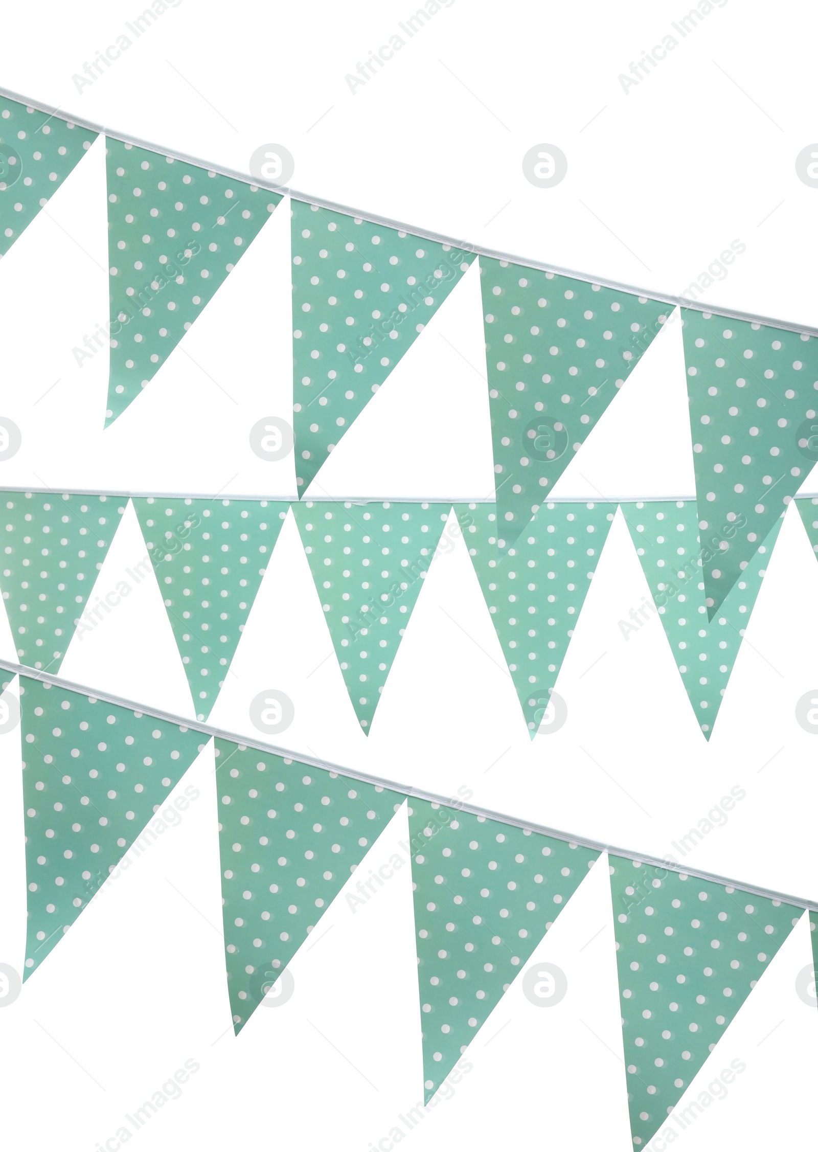 Photo of Rows of triangular bunting flags on white background. Festive decor