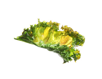 Photo of Tasty baked kale chip isolated on white