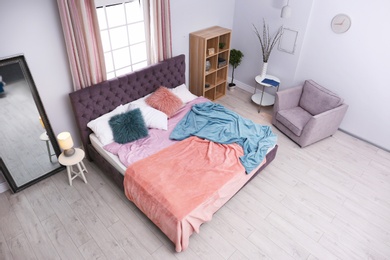 Modern bedroom interior, view through CCTV camera