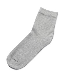 Photo of Pair of light grey socks isolated on white, top view