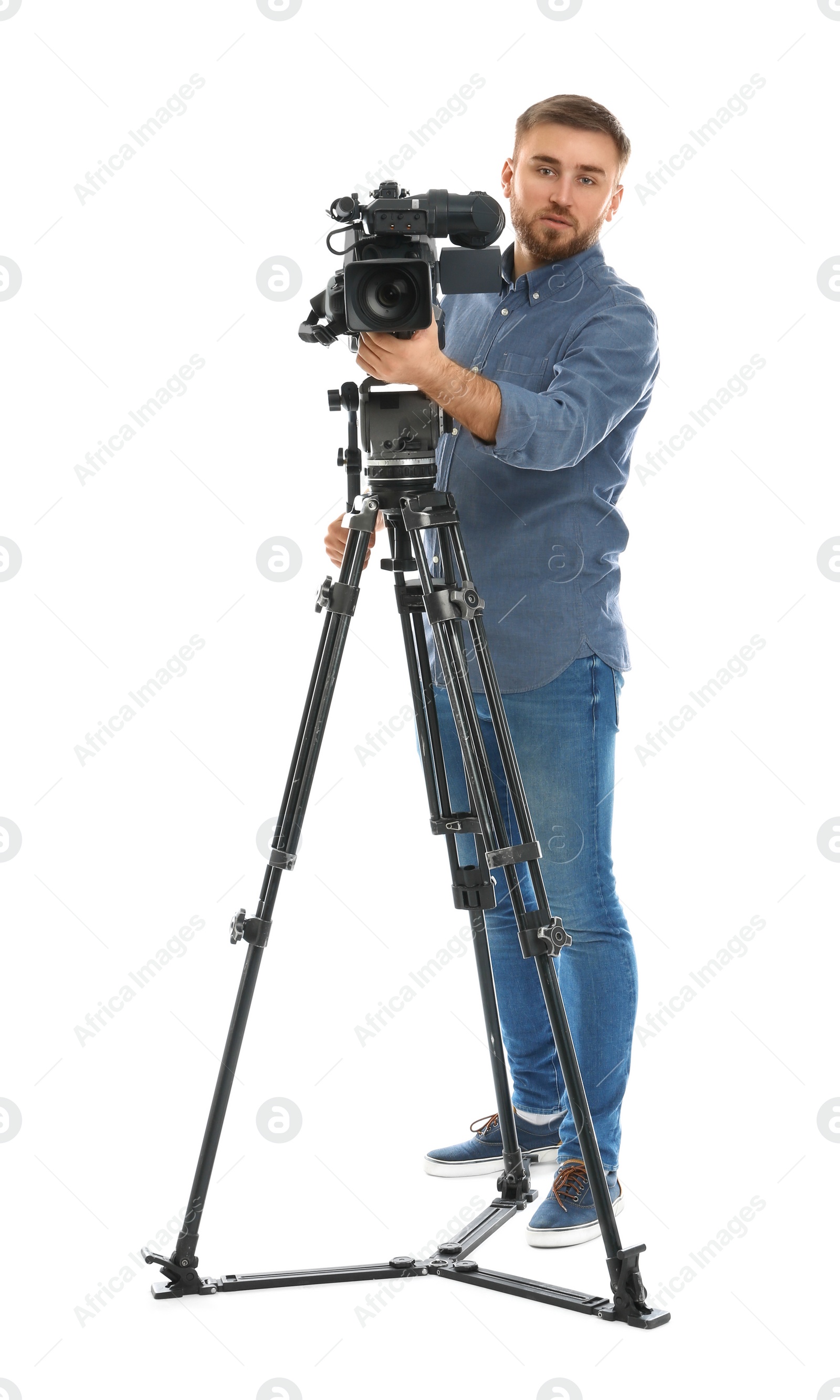 Photo of Operator with professional video camera on white background