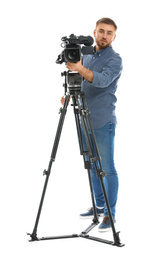 Photo of Operator with professional video camera on white background