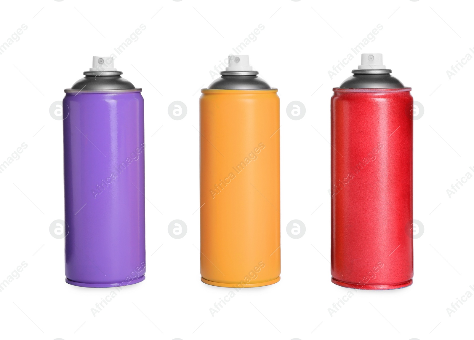 Photo of Cans of different spray paints on white background. Graffiti supplies