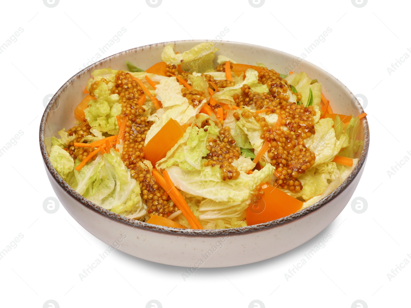 Photo of Delicious salad with Chinese cabbage and mustard seed dressing isolated on white
