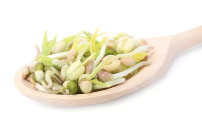 Photo of Mung bean sprouts in wooden spoon isolated on white