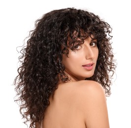 Beautiful young woman with long curly hair on white background
