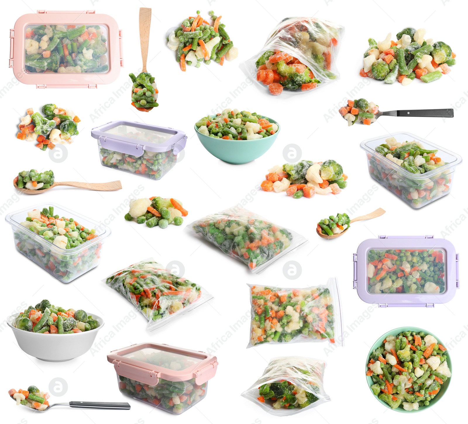 Image of Set of frozen vegetables on white background