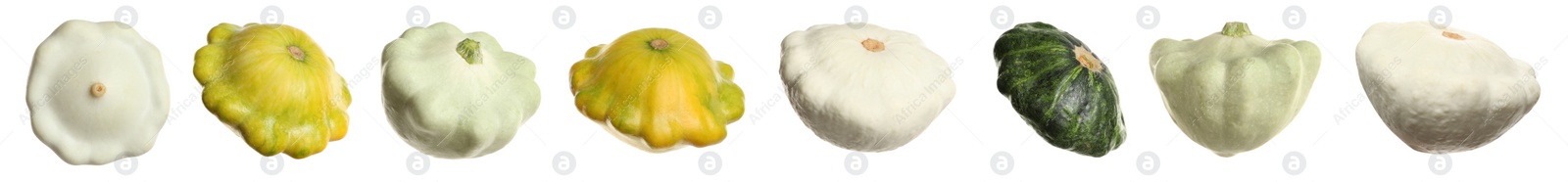 Image of Set with fresh ripe pattypan squashes on white background. Banner design