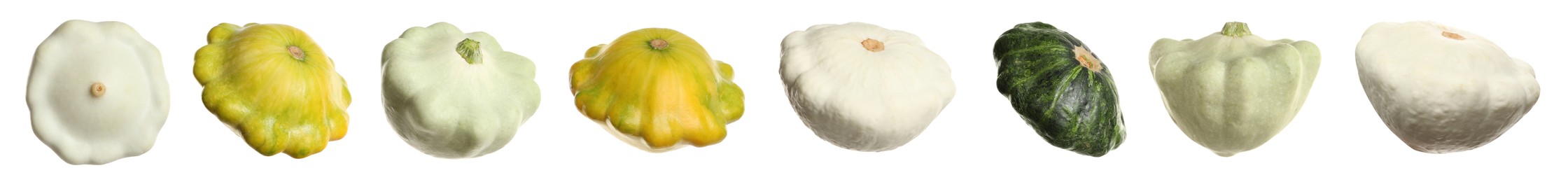 Set with fresh ripe pattypan squashes on white background. Banner design