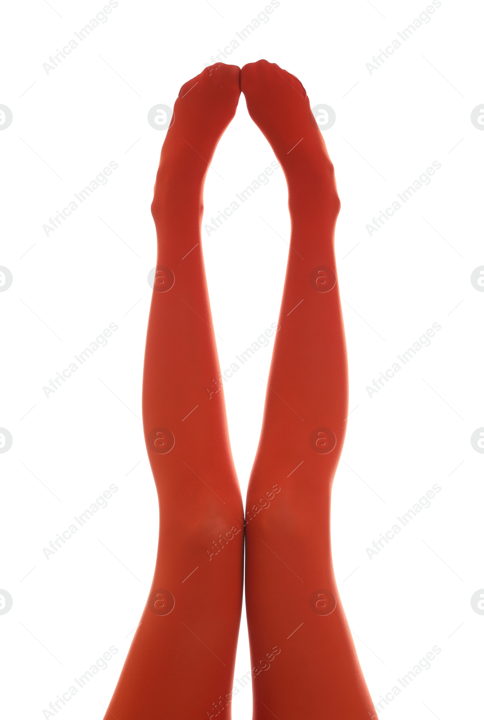 Photo of Woman wearing terracotta tights on white background, closeup of legs