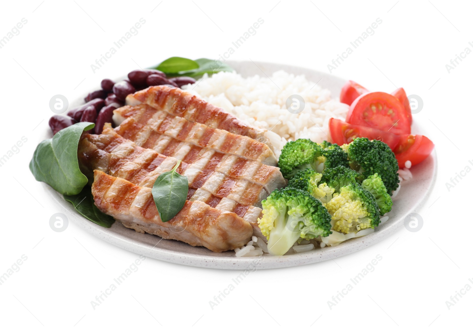 Photo of Tasty rice with beans and chicken meat isolated on white