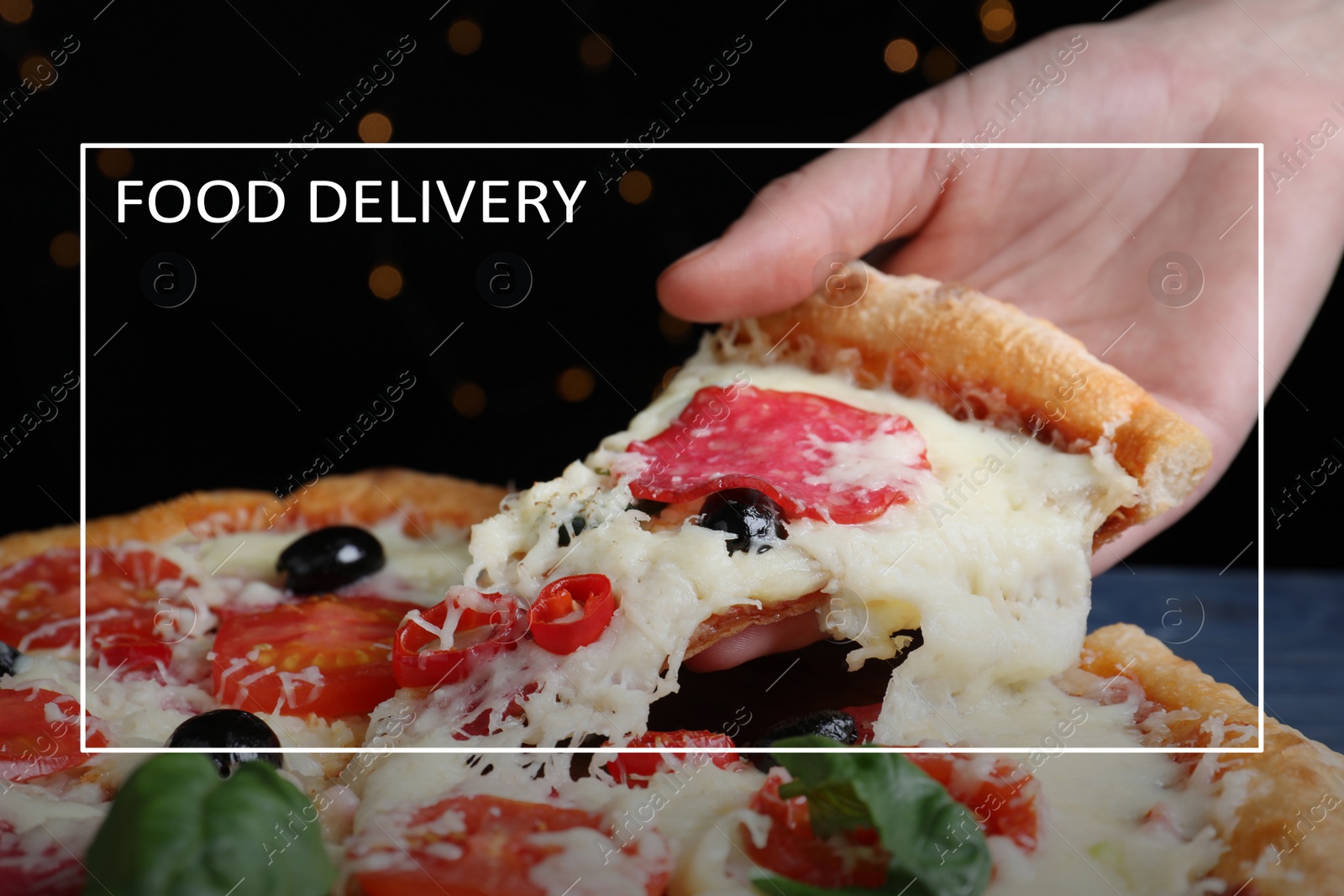 Image of Woman taking piece of delicious pizza Diablo, closeup. Food delivery service 