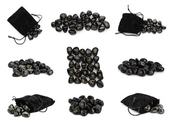 Collage with set of black stone runes on white background. Divination tool