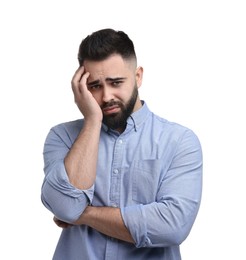 Portrait of sad man on white background