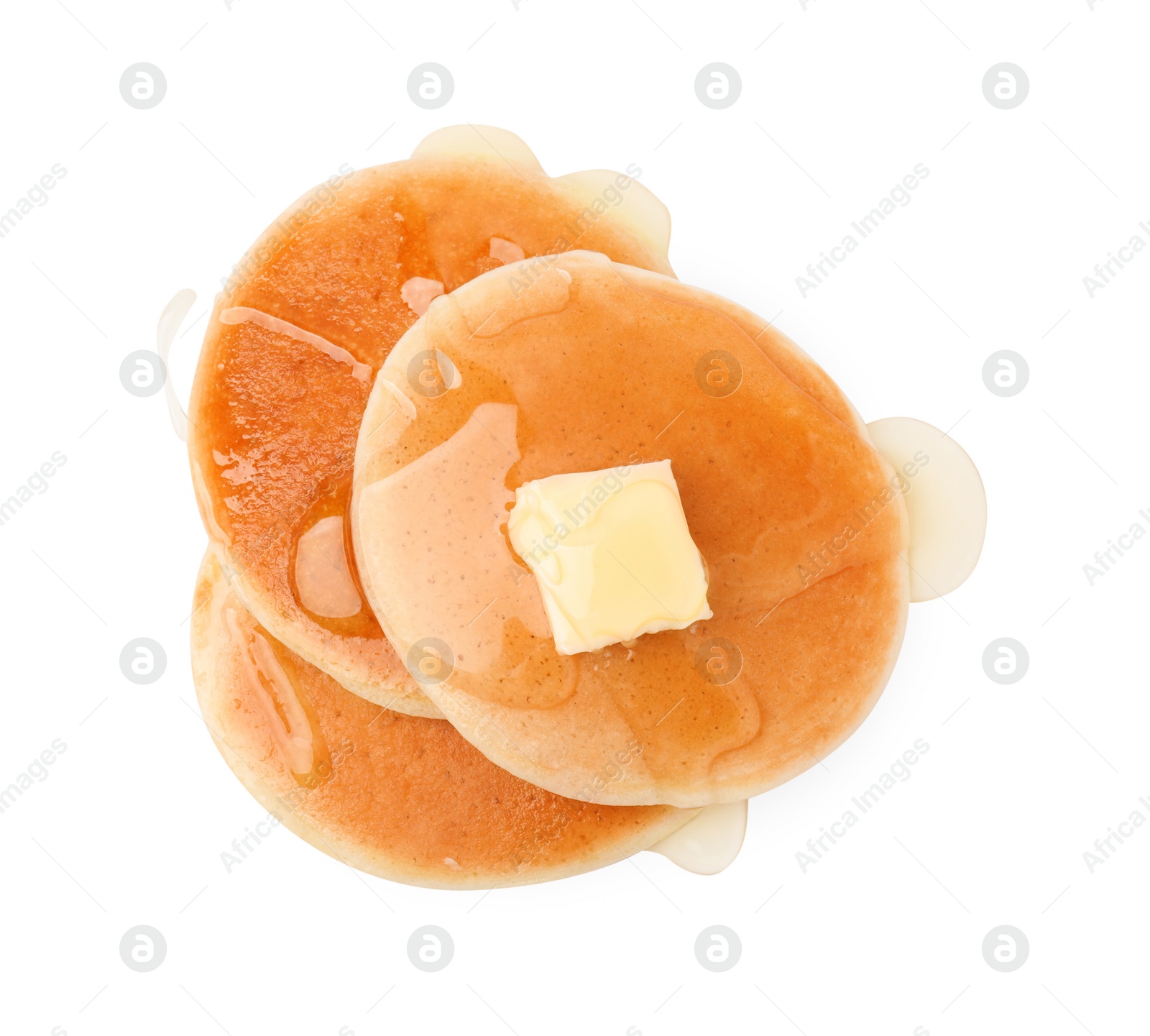 Photo of Delicious pancakes with butter and honey isolated on white, top view