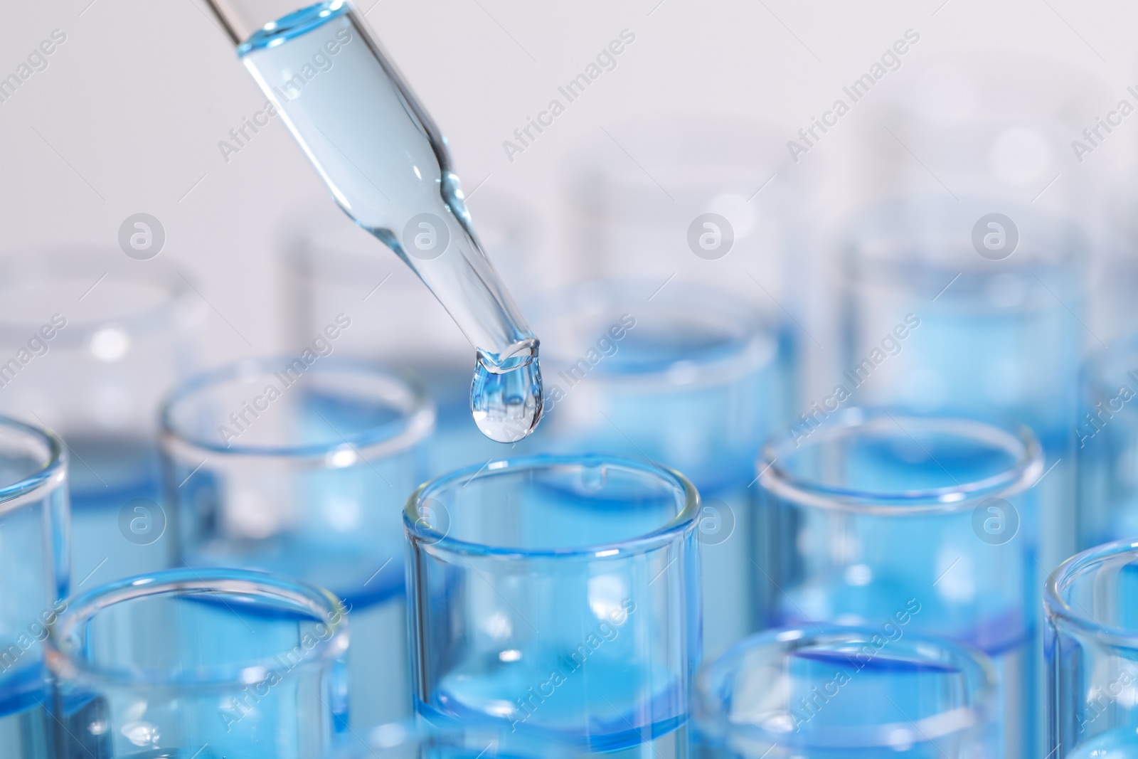 Photo of Dripping reagent into test tube, closeup and space for text. Laboratory analysis