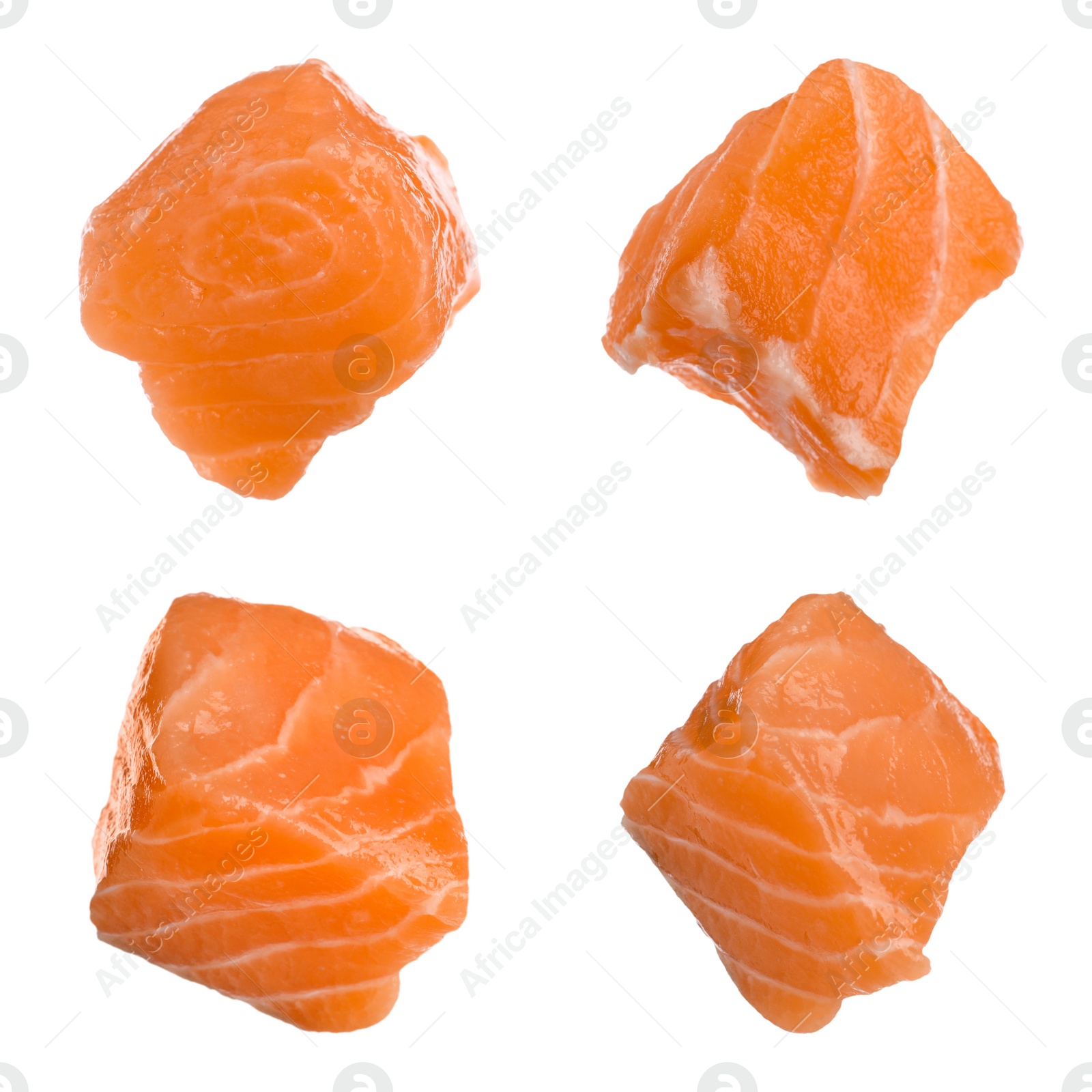 Image of Set with pieces of fresh raw salmon on white background. Fish delicacy