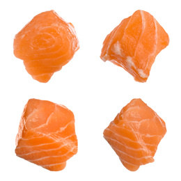 Set with pieces of fresh raw salmon on white background. Fish delicacy