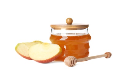 Photo of Glass jar with sweet honey and apple on white background