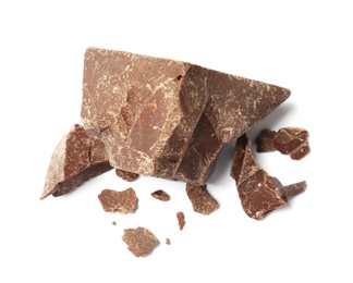 Delicious chocolate chunks on white background