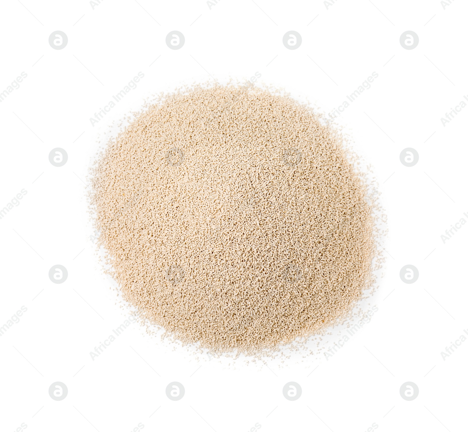 Photo of Pile of granulated yeast isolated on white, top view