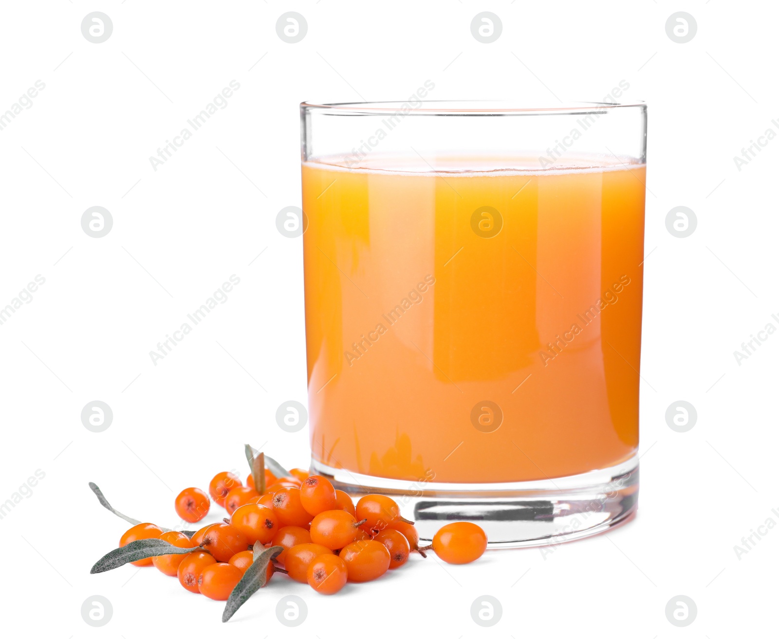 Photo of Delicious sea buckthorn juice and fresh berries isolated on white