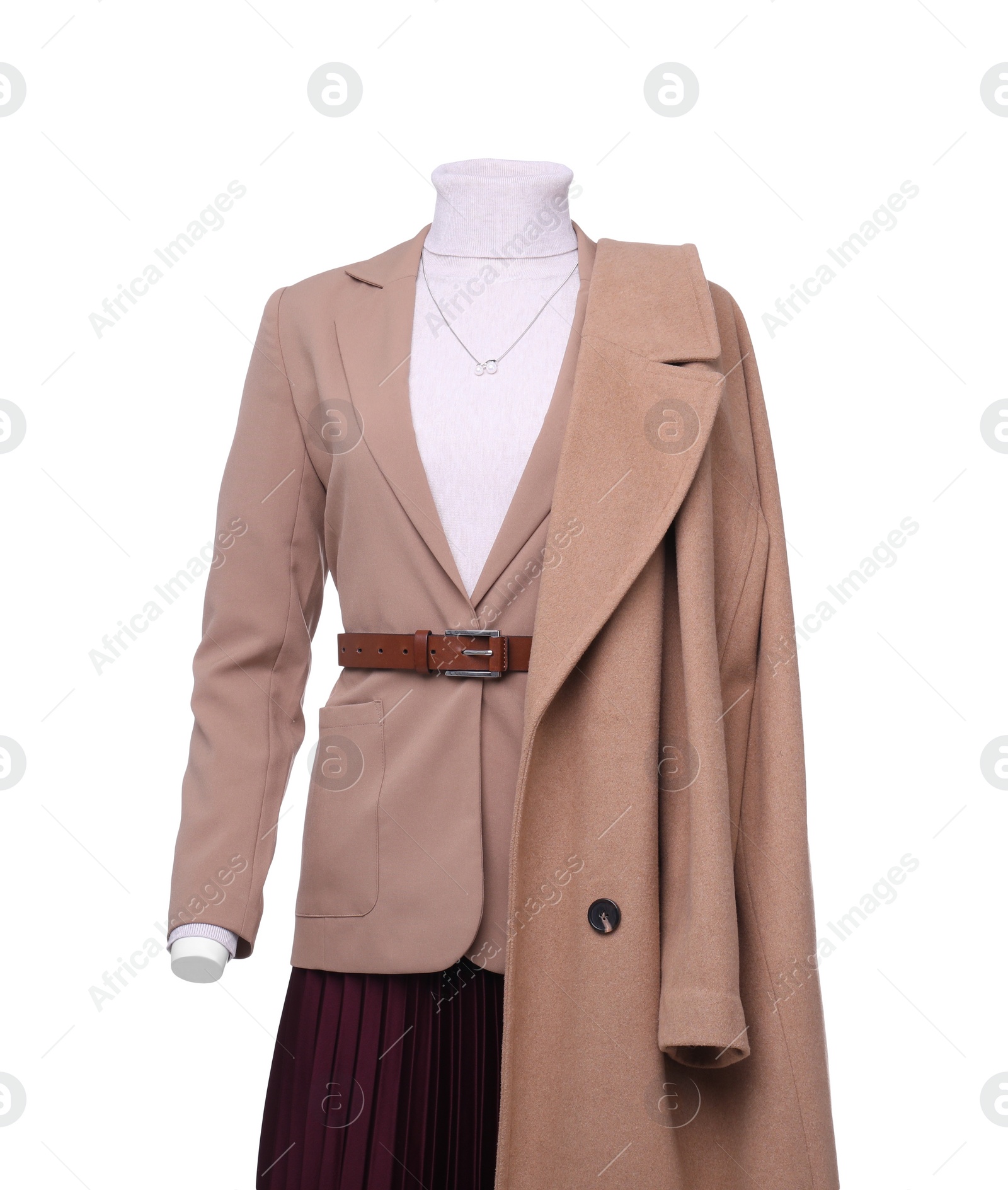 Photo of Female mannequin dressed in jacket, turtleneck, skirt and trench coat with accessories isolated on white. Stylish outfit