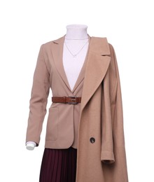 Photo of Female mannequin dressed in jacket, turtleneck, skirt and trench coat with accessories isolated on white. Stylish outfit