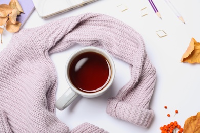 Photo of Composition with cup of hot drink on white background, top view. Cozy autumn atmosphere