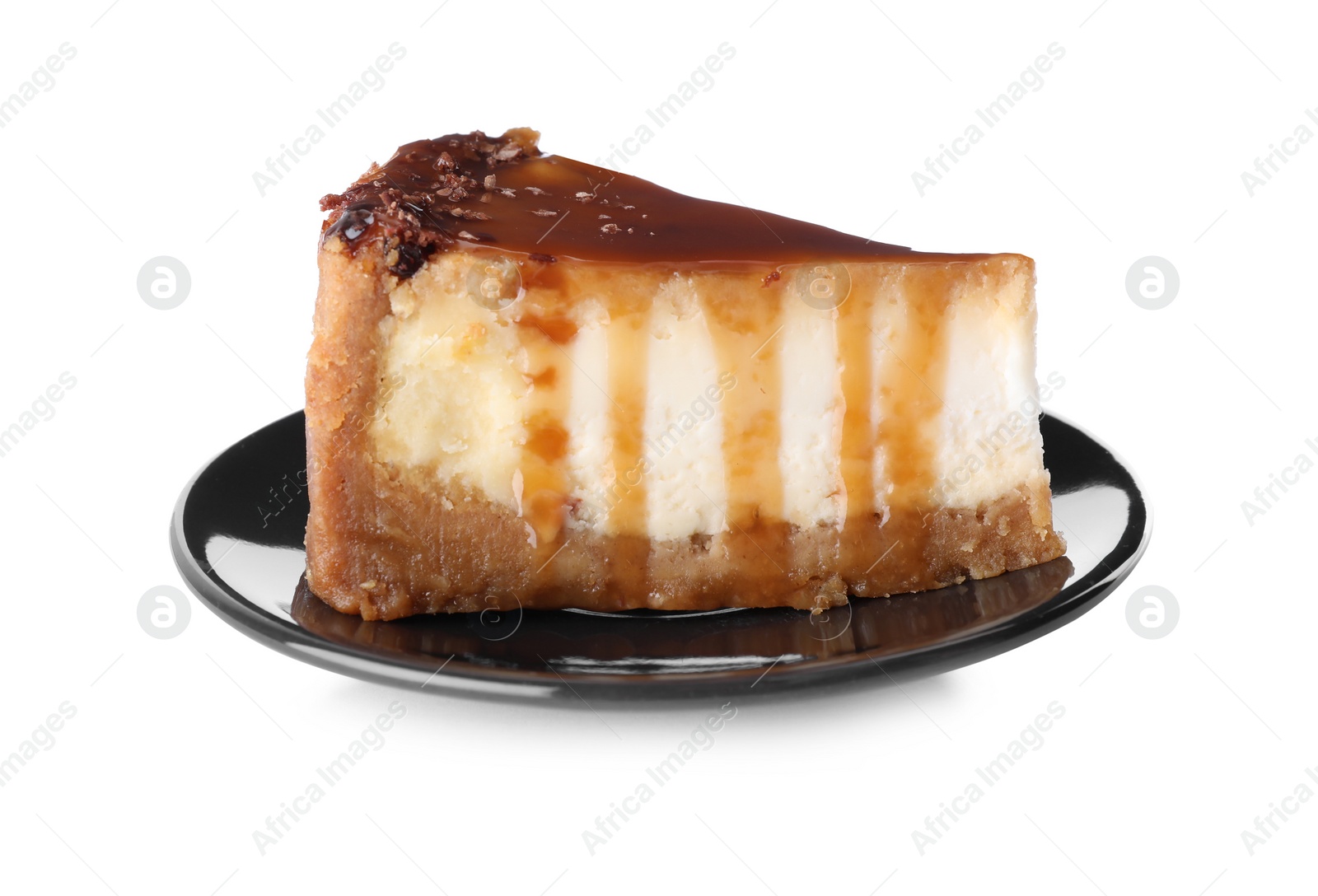 Photo of Piece of delicious cake with caramel isolated on white