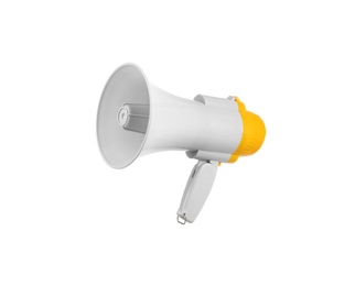Photo of Electronic megaphone on white background. Loud-speaking device