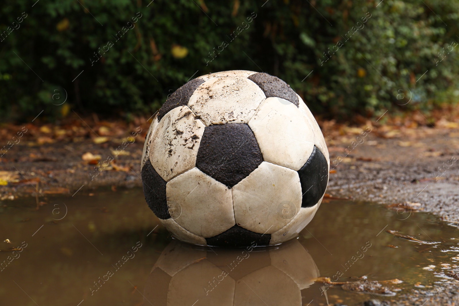 Photo of Dirty soccer ball in muddy puddle outdoors