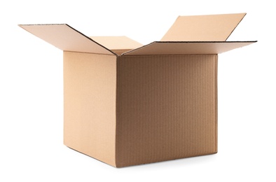 Photo of Open cardboard box on white background. Mockup for design