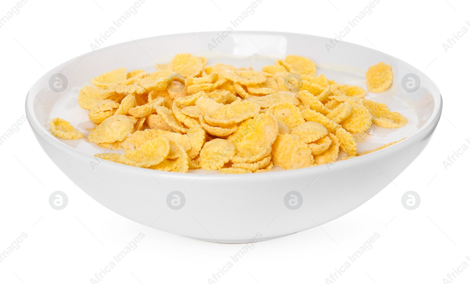 Photo of Breakfast cereal. Corn flakes and milk in bowl isolated on white