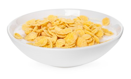 Photo of Breakfast cereal. Corn flakes and milk in bowl isolated on white