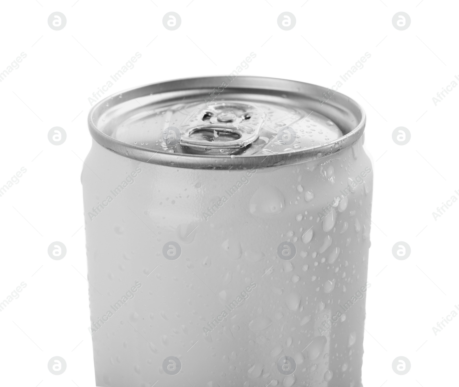 Photo of Can of energy drink with water drops isolated on white, closeup. Mockup for design