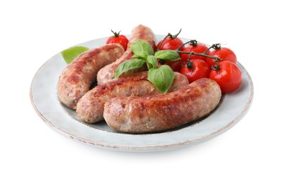 Photo of Plate with tasty homemade sausages, basil leaves and tomatoes on white background