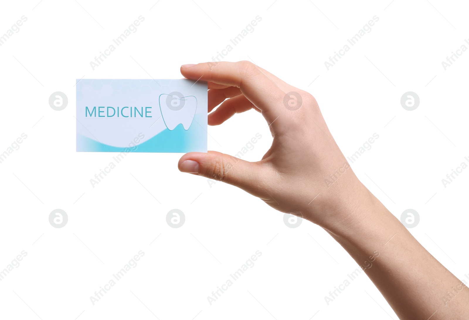 Photo of Woman holding business card isolated on white, closeup. Dental medical service