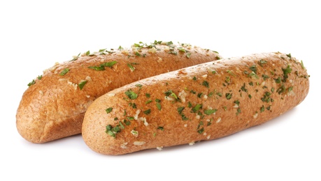 Photo of Loaves of bread with garlic and herb on white background