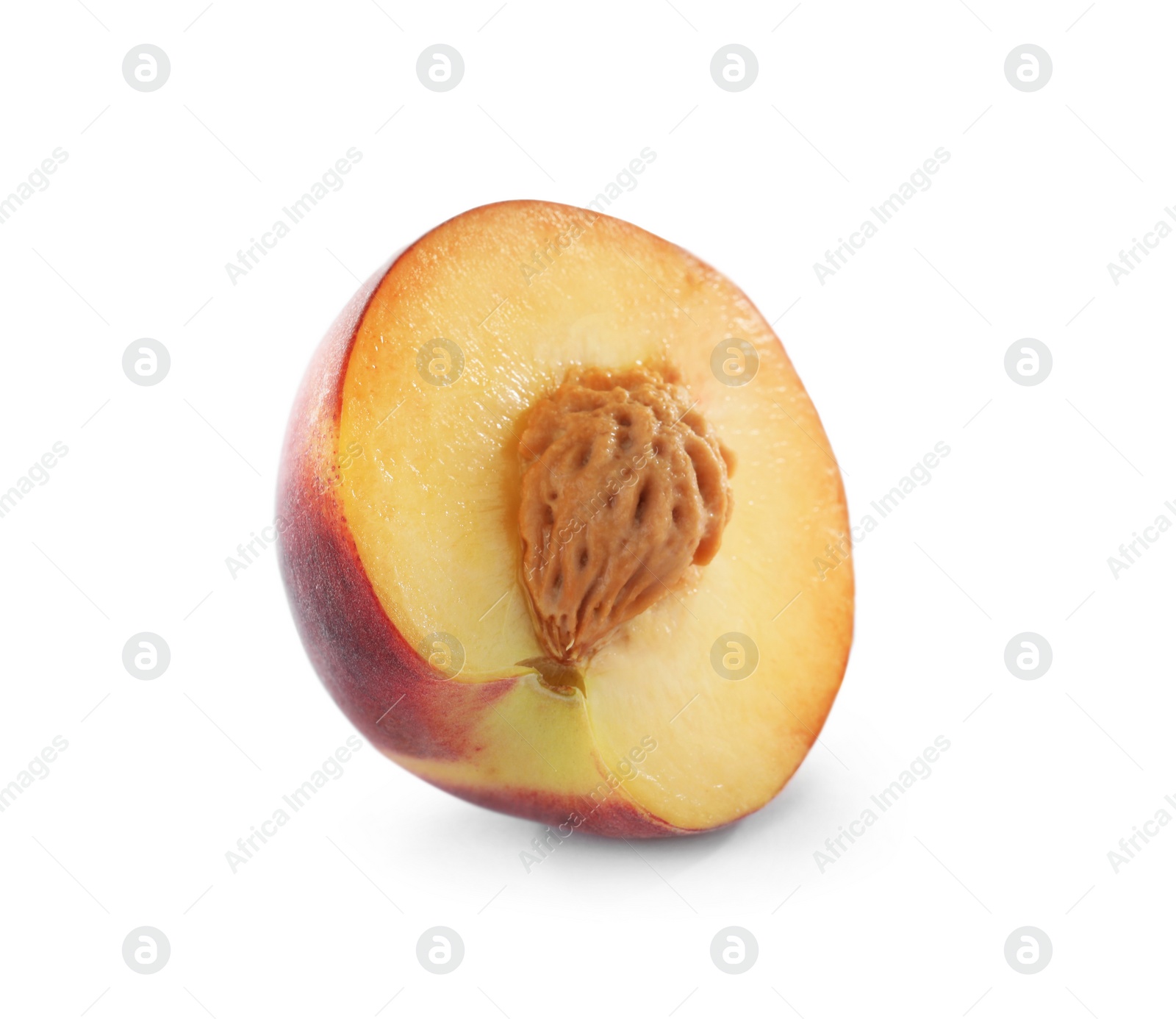 Photo of Half of sweet juicy peach on white background