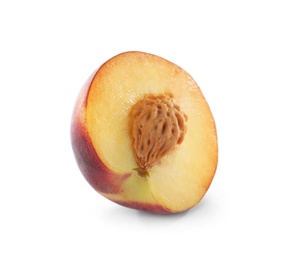 Photo of Half of sweet juicy peach on white background