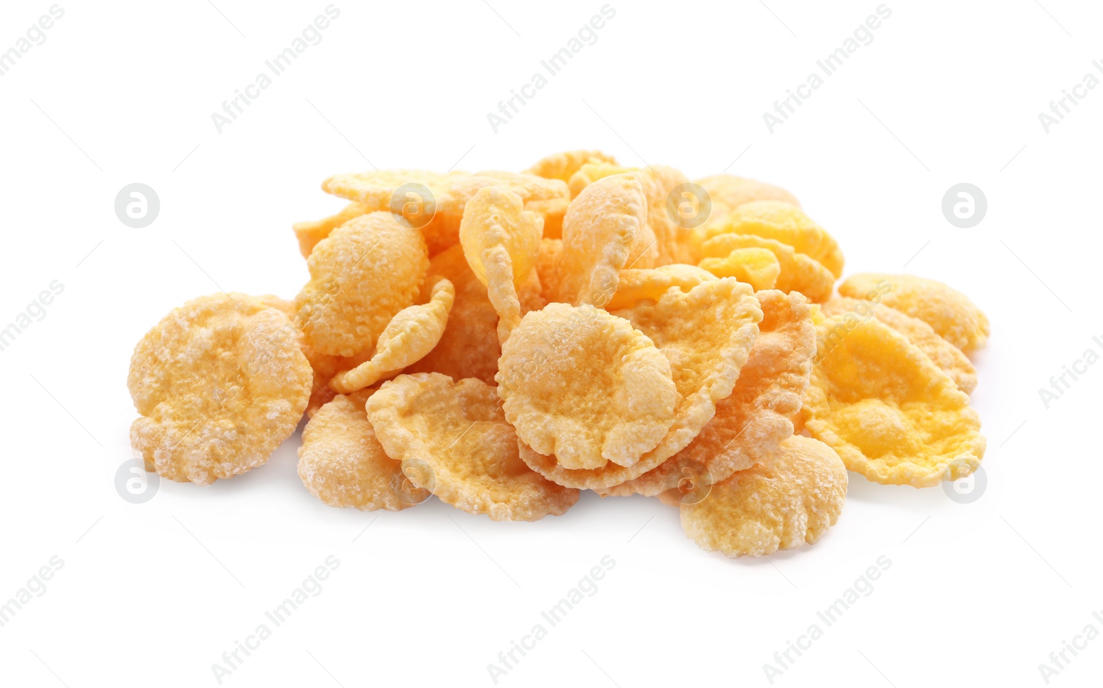 Photo of Pile of tasty corn flakes on white background