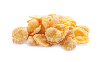 Pile of tasty corn flakes on white background