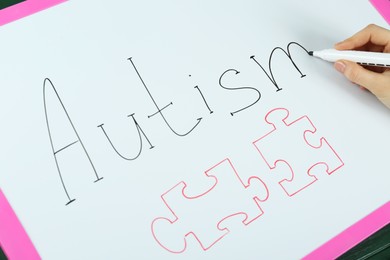 Photo of Woman writing word Autism on white board, closeup